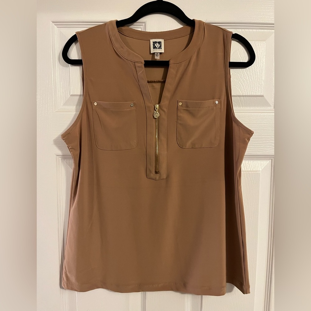 Anne Klein Sleeveless Brown Blouse with Gold Zipper